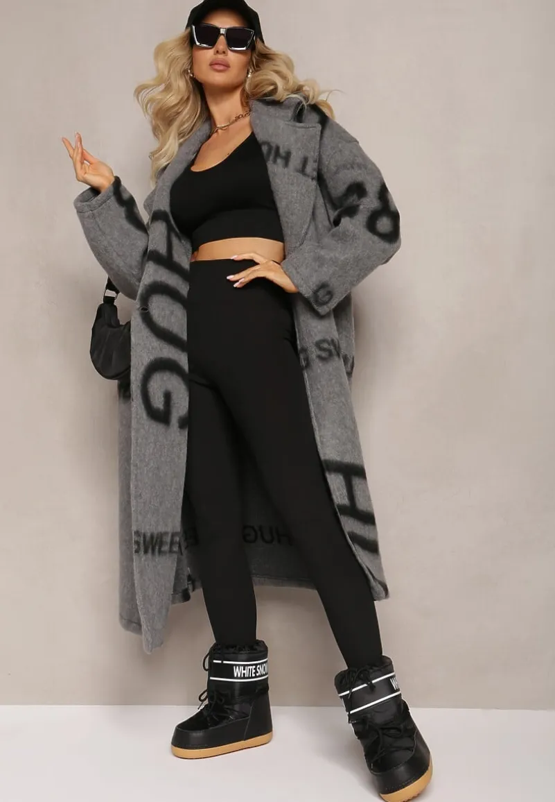 Szary Luźny Płaszcz Wełniany w Ozdobny Nadruk Misganna