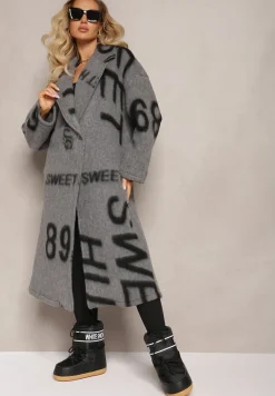 Szary Luźny Płaszcz Wełniany w Ozdobny Nadruk Misganna