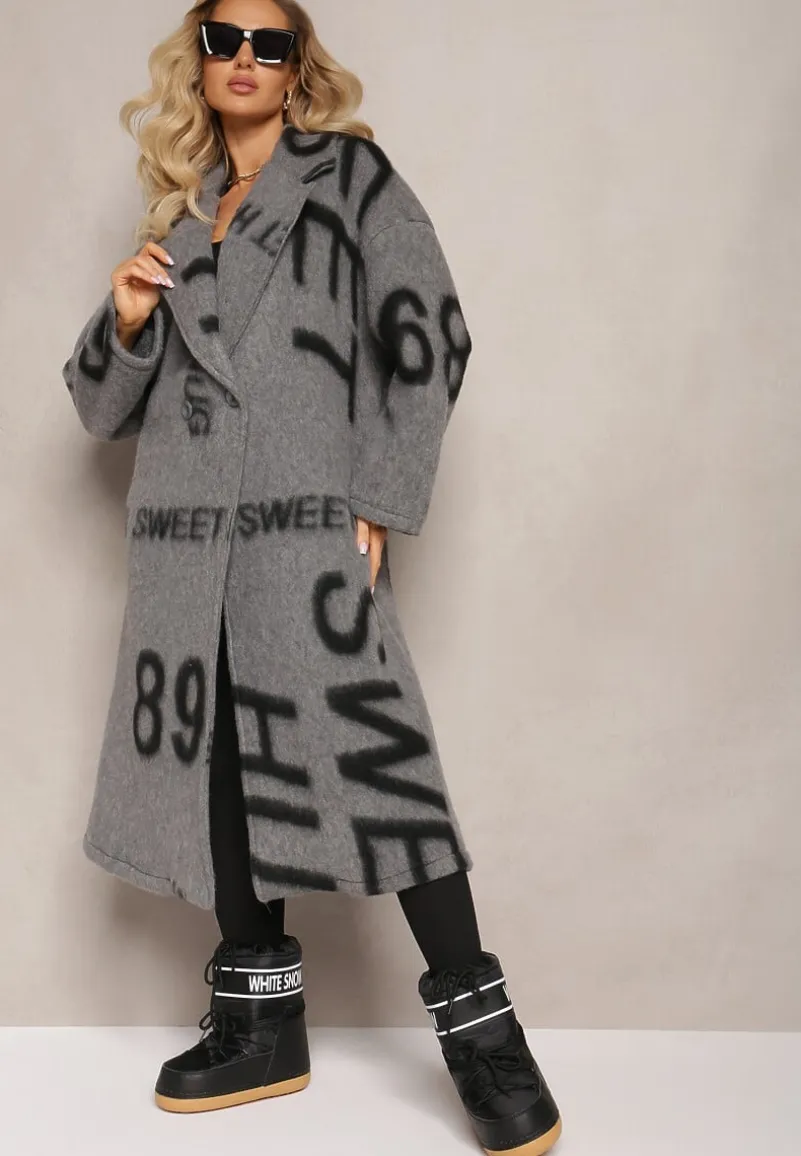 Szary Luźny Płaszcz Wełniany w Ozdobny Nadruk Misganna