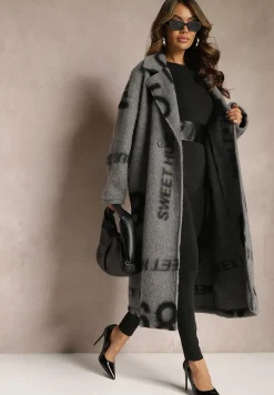 Szary Luźny Płaszcz Wełniany w Ozdobny Nadruk Misganna