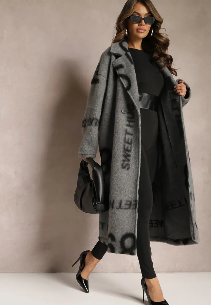Szary Luźny Płaszcz Wełniany w Ozdobny Nadruk Misganna