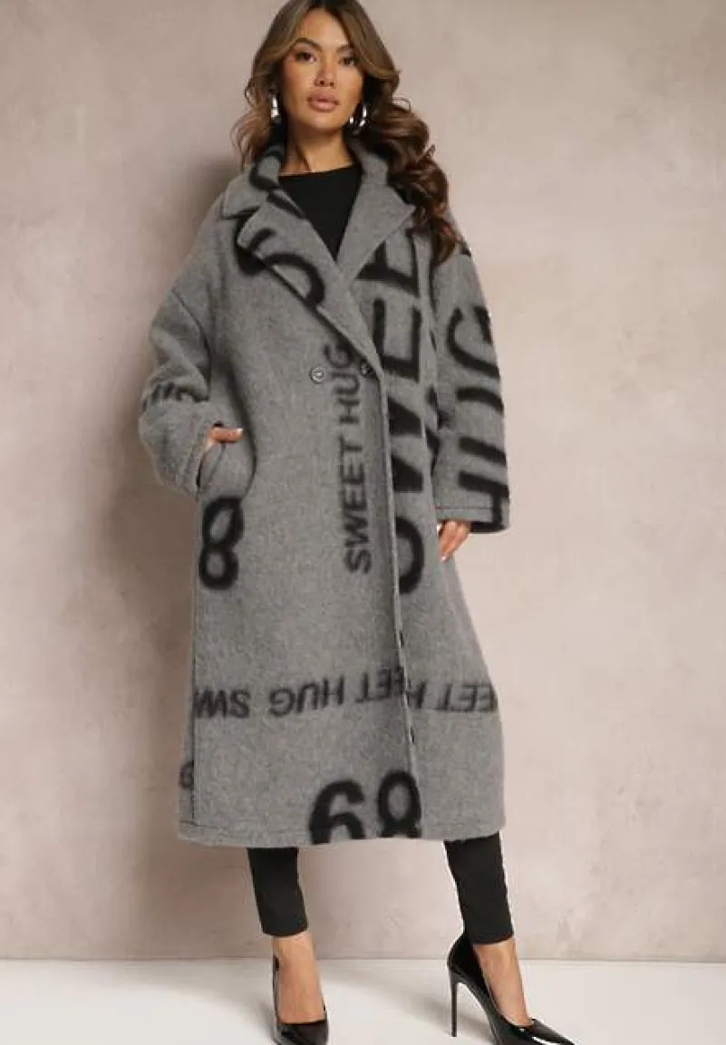 Szary Luźny Płaszcz Wełniany w Ozdobny Nadruk Misganna