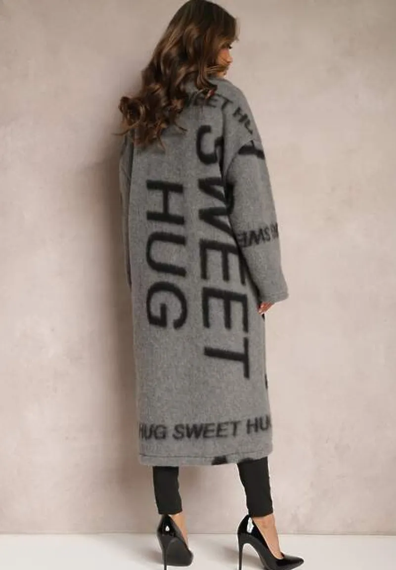 Szary Luźny Płaszcz Wełniany w Ozdobny Nadruk Misganna