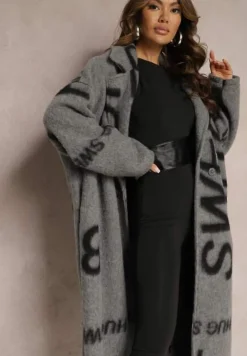 Szary Luźny Płaszcz Wełniany w Ozdobny Nadruk Misganna