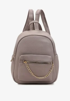 Szary Mały Plecak z Imitacji Skóry na Regulowanych Szelkach z Łańcuszkiem Carnissa