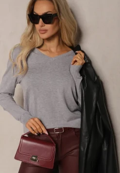 Szary Minimalistyczny Sweter z Dekoltem w Kształcie Litery V Sinovae