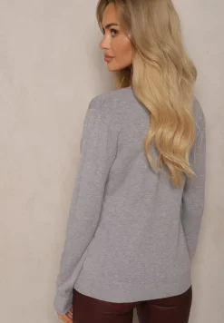 Szary Minimalistyczny Sweter z Dekoltem w Kształcie Litery V Sinovae