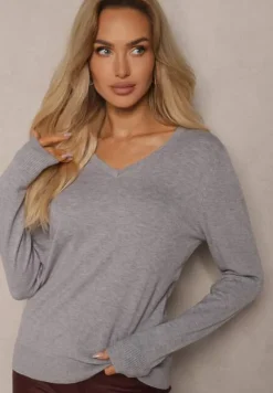 Szary Minimalistyczny Sweter z Dekoltem w Kształcie Litery V Sinovae