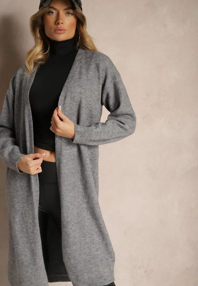 Szary Niezapinany Casualowy Kardigan z Wełną o Długim Kroju Zozita