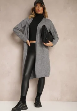 Szary Niezapinany Casualowy Kardigan z Wełną o Długim Kroju Zozita