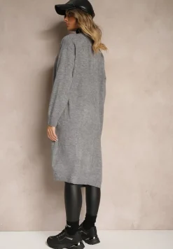 Szary Niezapinany Casualowy Kardigan z Wełną o Długim Kroju Zozita