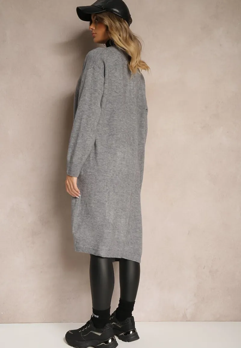 Szary Niezapinany Casualowy Kardigan z Wełną o Długim Kroju Zozita