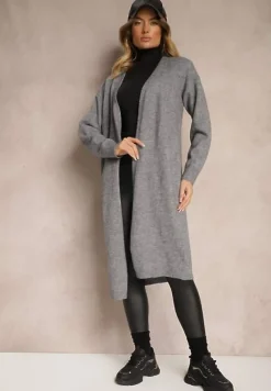 Szary Niezapinany Casualowy Kardigan z Wełną o Długim Kroju Zozita