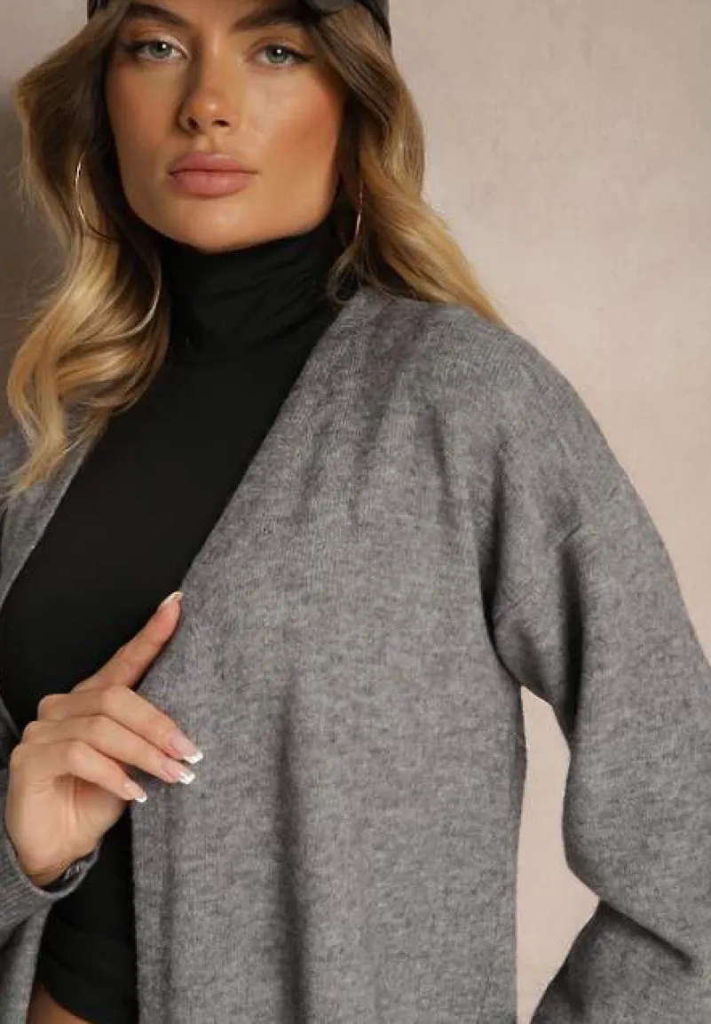 Szary Niezapinany Casualowy Kardigan z Wełną o Długim Kroju Zozita