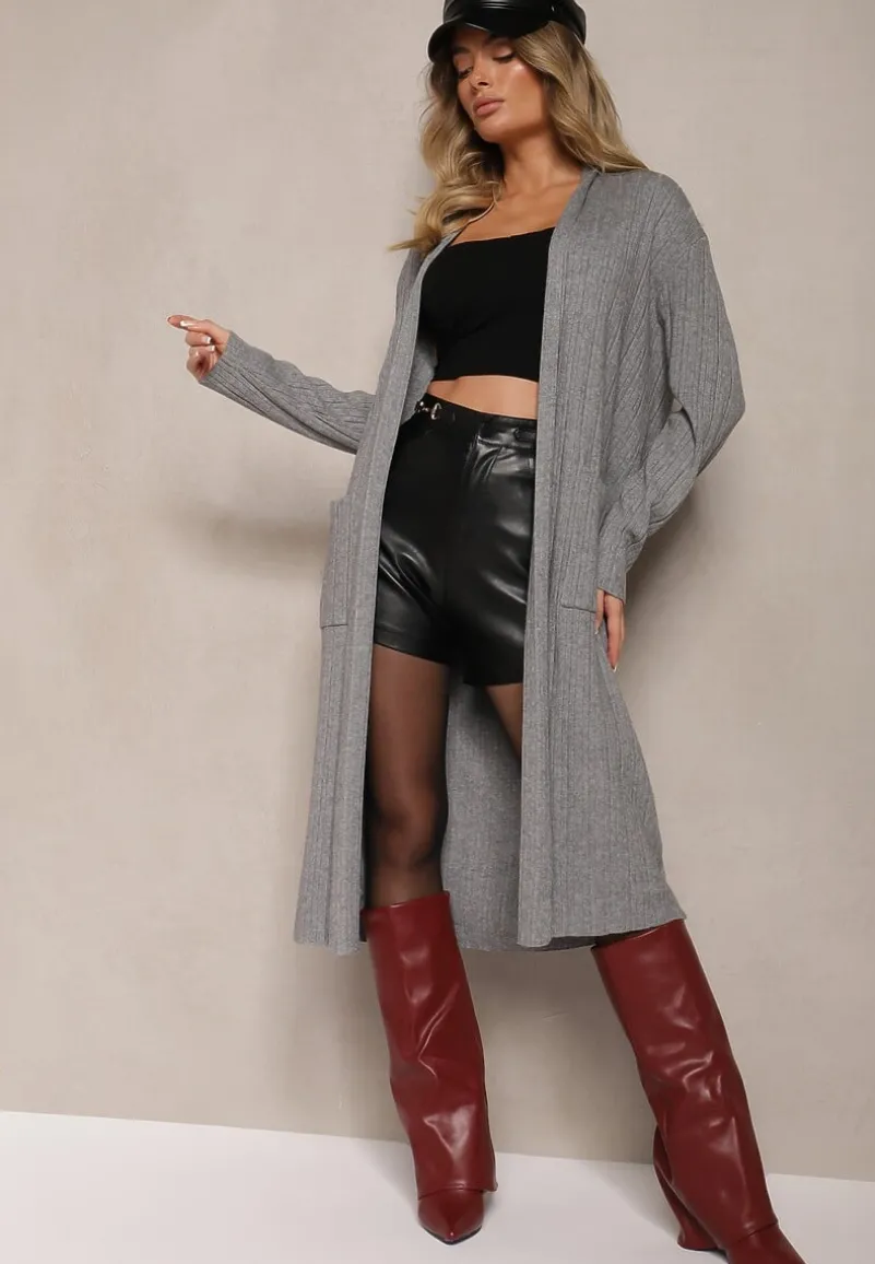 Szary Niezapinany Kardigan o Długim Kroju z Wiskozą i Kieszeniami Naralie