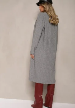 Szary Niezapinany Kardigan o Długim Kroju z Wiskozą i Kieszeniami Naralie