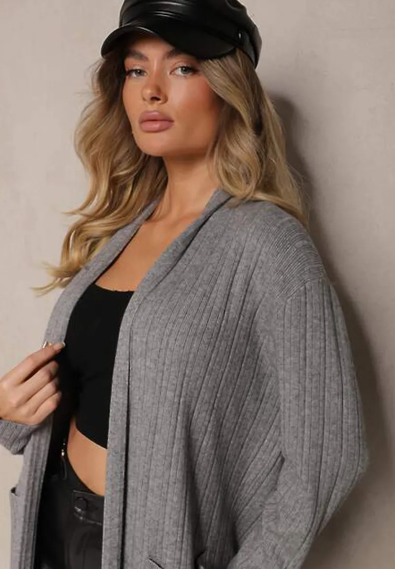 Szary Niezapinany Kardigan o Długim Kroju z Wiskozą i Kieszeniami Naralie