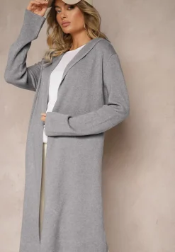 Szary Niezapinany Kardigan z Wiskozą o Długim Kroju z Kapturem Nevaliana