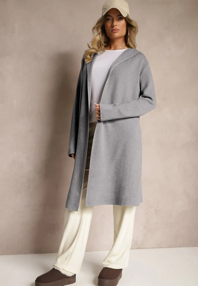 Szary Niezapinany Kardigan z Wiskozą o Długim Kroju z Kapturem Nevaliana