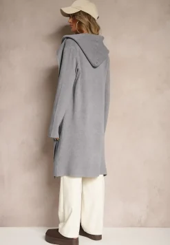 Szary Niezapinany Kardigan z Wiskozą o Długim Kroju z Kapturem Nevaliana