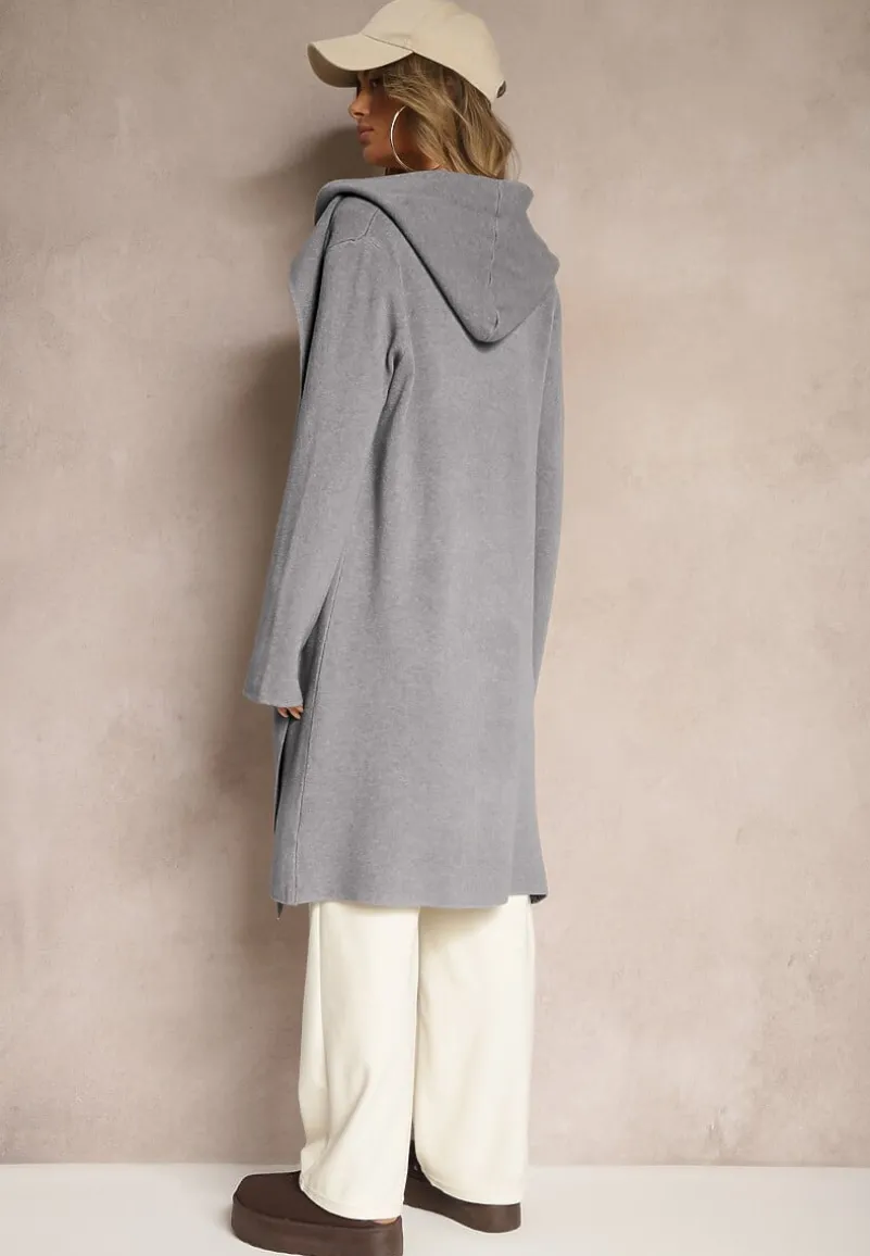 Szary Niezapinany Kardigan z Wiskozą o Długim Kroju z Kapturem Nevaliana
