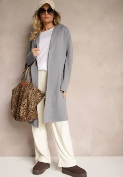 Szary Niezapinany Kardigan z Wiskozą o Długim Kroju z Kapturem Nevaliana