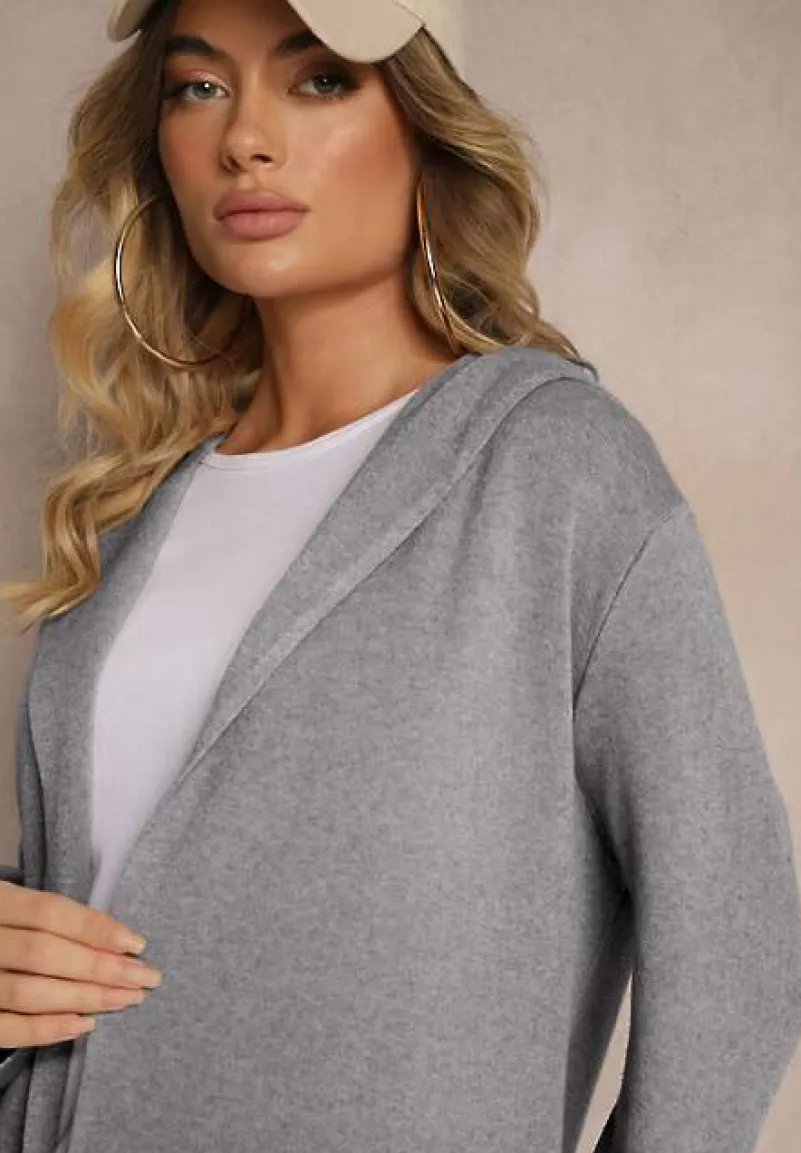 Szary Niezapinany Kardigan z Wiskozą o Długim Kroju z Kapturem Nevaliana