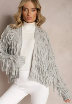 Szary Niezapinany Kardigan z Frędzlami Segentri