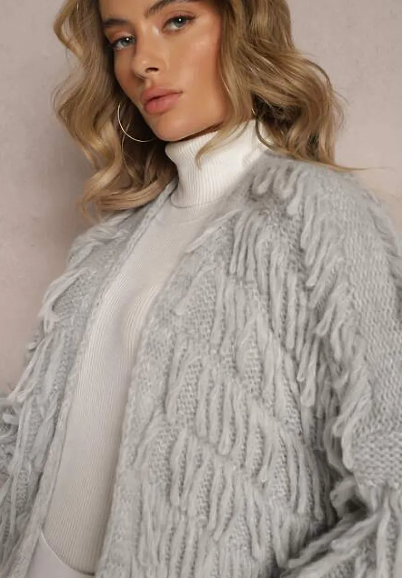 Szary Niezapinany Kardigan z Frędzlami Segentri