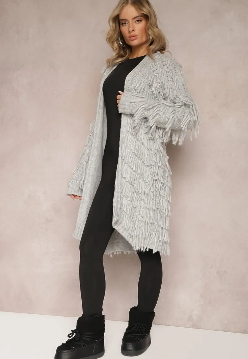 Szary Niezapinany Kardigan w Ozdobne Frędzle Massawa