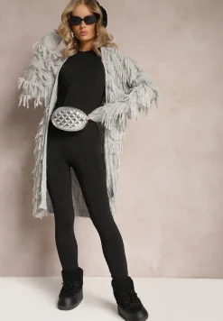 Szary Niezapinany Kardigan w Ozdobne Frędzle Massawa