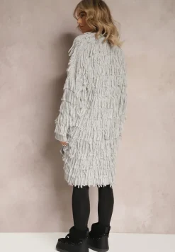 Szary Niezapinany Kardigan w Ozdobne Frędzle Massawa