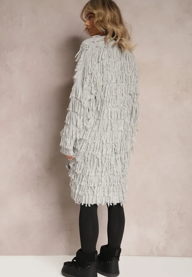Szary Niezapinany Kardigan w Ozdobne Frędzle Massawa