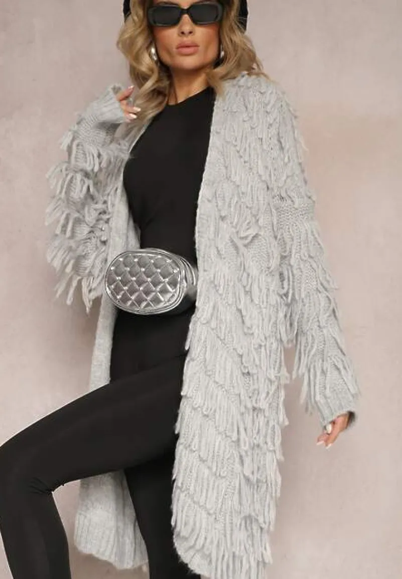 Szary Niezapinany Kardigan w Ozdobne Frędzle Massawa