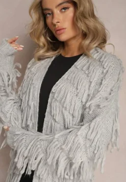 Szary Niezapinany Kardigan w Ozdobne Frędzle Massawa