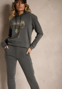 Szary Ocieplany Komplet Dresowy z Bawełny Spodnie i Bluza Sevida