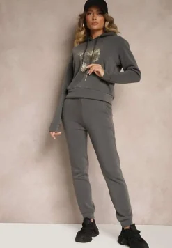Szary Ocieplany Komplet Dresowy z Bawełny Spodnie i Bluza Sevida