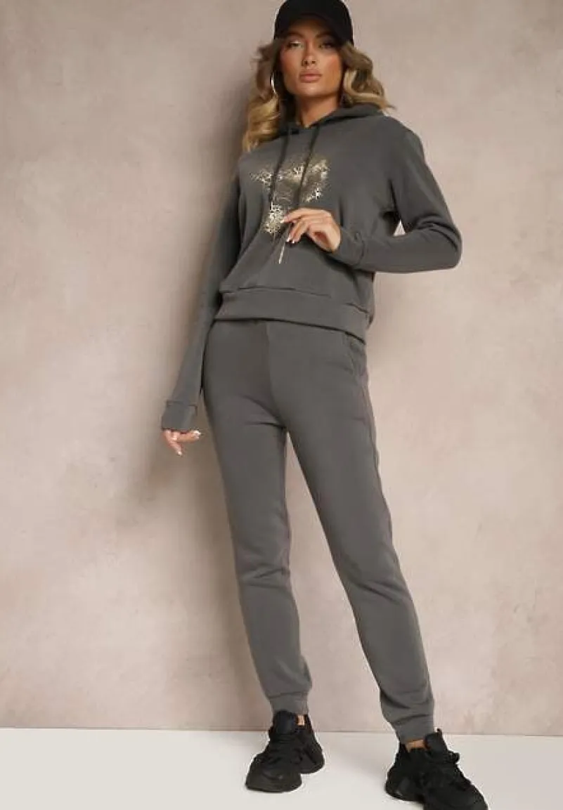 Szary Ocieplany Komplet Dresowy z Bawełny Spodnie i Bluza Sevida