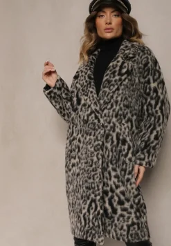 Szary Panterkowy Płaszcz Dwurzędowy Pesaltia