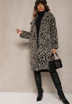 Szary Panterkowy Płaszcz Dwurzędowy Pesaltia