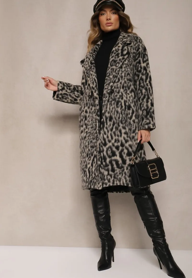 Szary Panterkowy Płaszcz Dwurzędowy Pesaltia