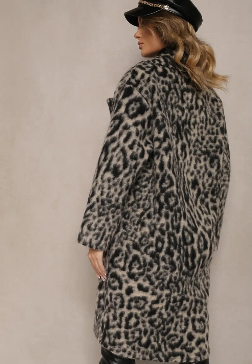 Szary Panterkowy Płaszcz Dwurzędowy Pesaltia