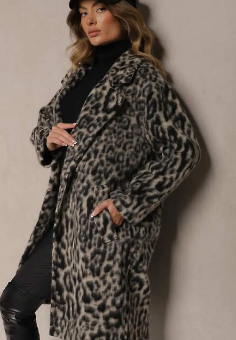 Szary Panterkowy Płaszcz Dwurzędowy Pesaltia