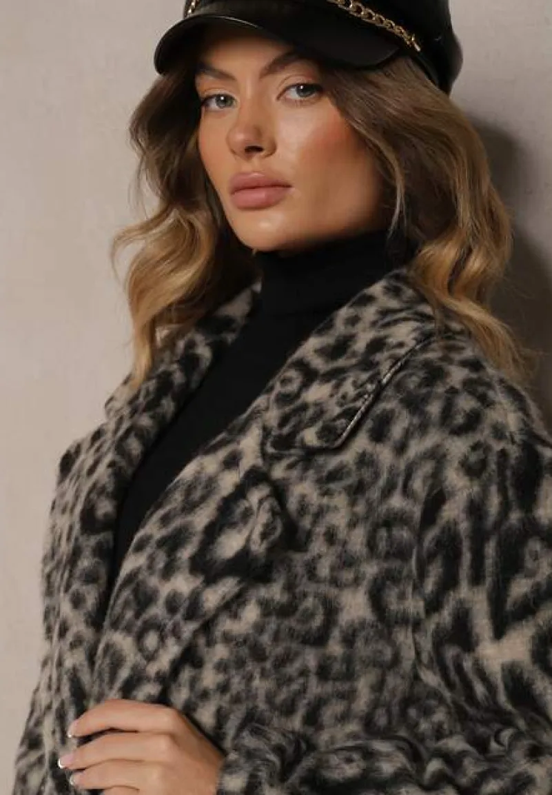 Szary Panterkowy Płaszcz Dwurzędowy Pesaltia