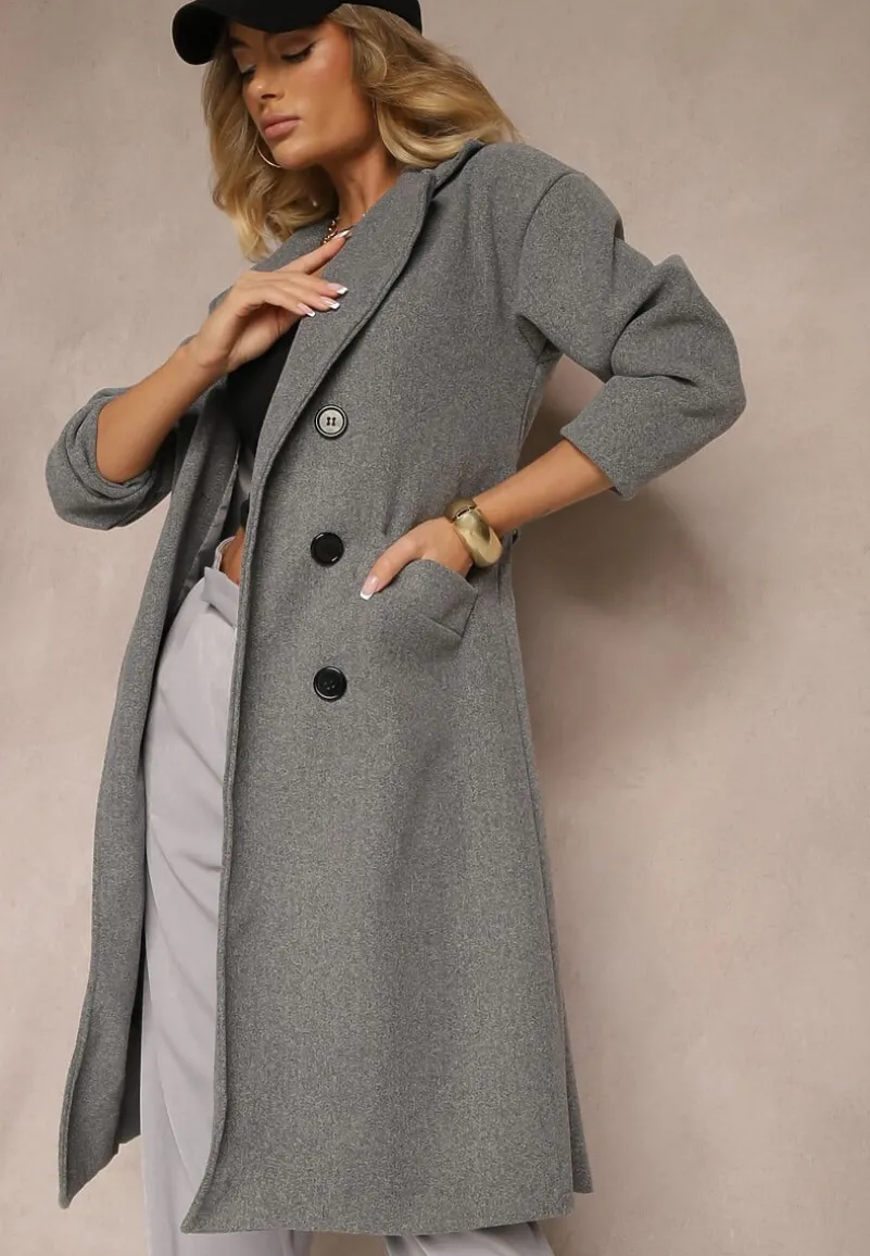 Szary Płaszcz Dwurzędowy Wiązany Meollie