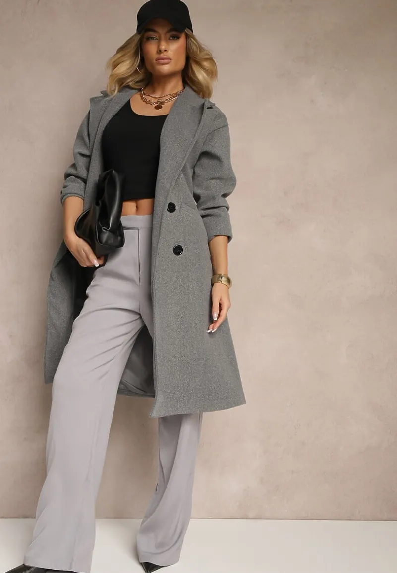 Szary Płaszcz Dwurzędowy Wiązany Meollie