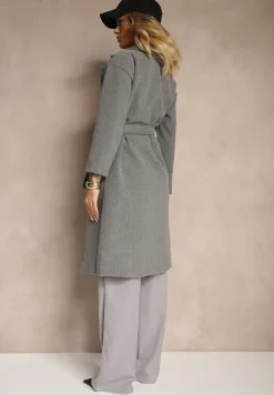 Szary Płaszcz Dwurzędowy Wiązany Meollie