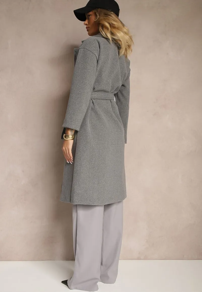 Szary Płaszcz Dwurzędowy Wiązany Meollie