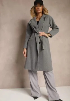 Szary Płaszcz Dwurzędowy Wiązany Meollie