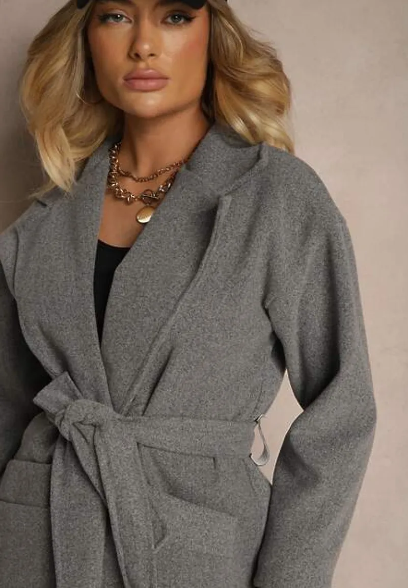 Szary Płaszcz Dwurzędowy Wiązany Meollie